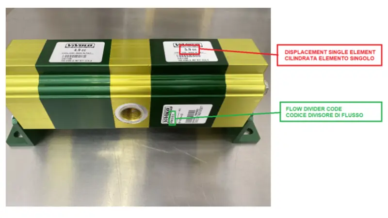 A Vivoil flow divider with highlighted the placement of the new labels